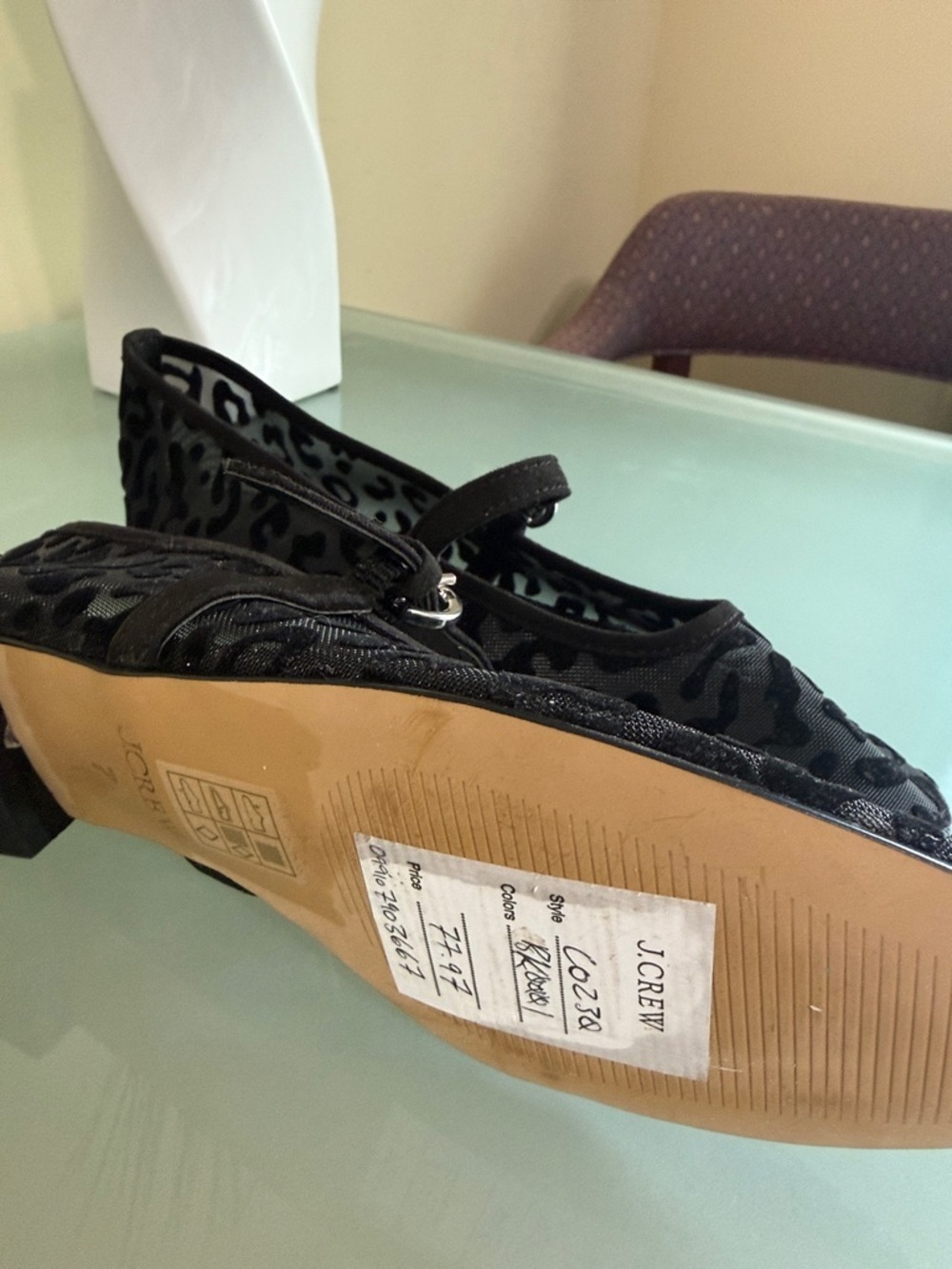 J. Crew Black Sheer Leopard Print Mary Jane Flats Size 7 Mesh Ballet Flats - Picture 6 of 8